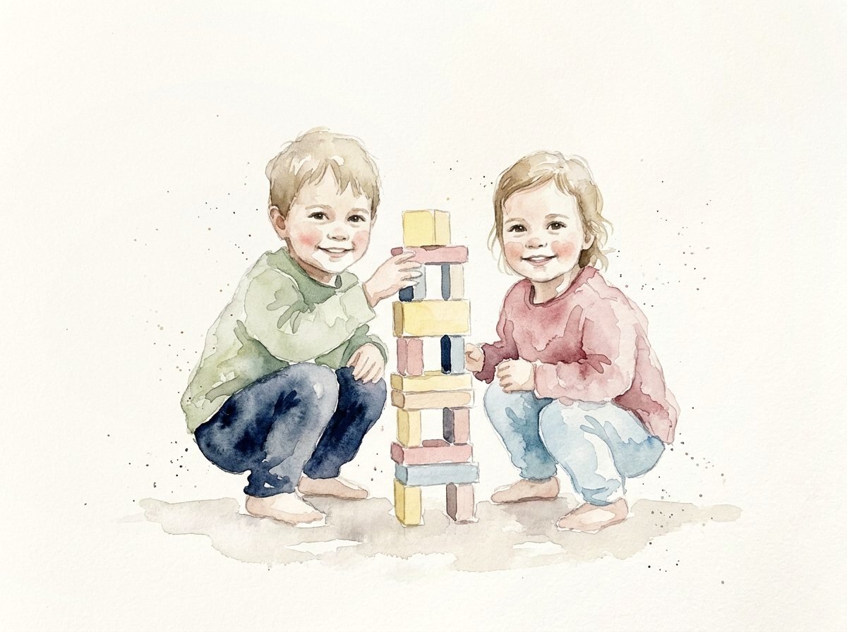 Two toddlers crouching either side of a tower of wooden blocks they have built, both smiling