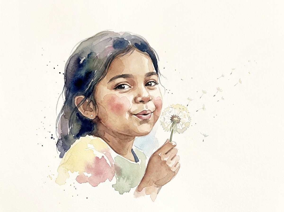 A young Indian girl holding a dandelion clock up to her face, about to blow the seeds away, painted in watercolour