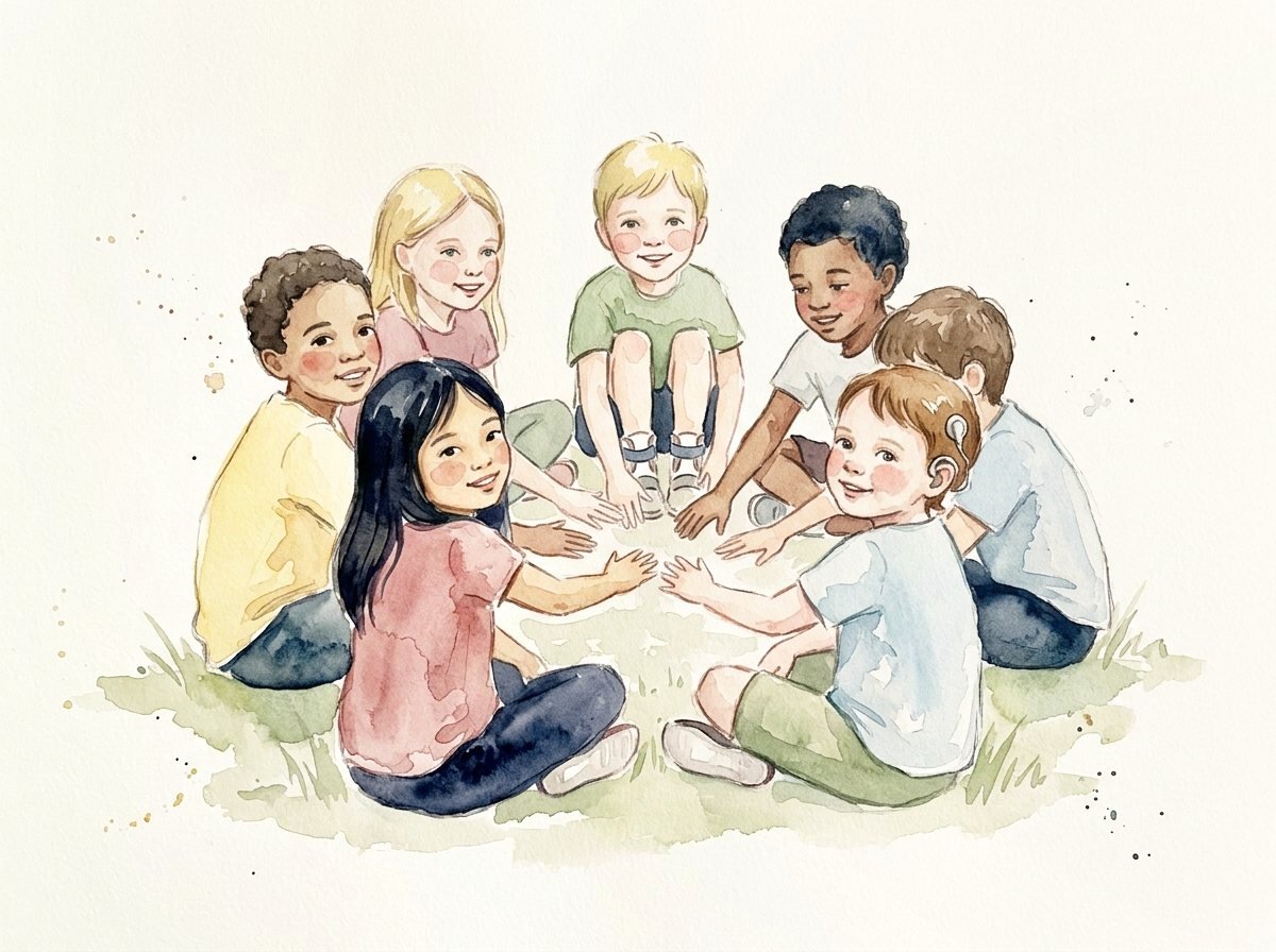 Seven children of different backgrounds sitting in a ring on the grass, hands meeting in the middle, all laughing