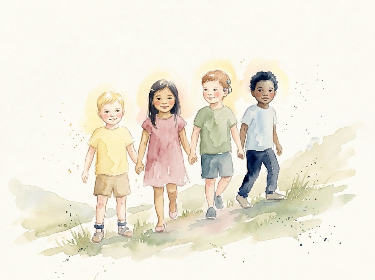 Four children of different ages and backgrounds walking together, each lit by their own soft glow, one wearing a cochlear implant and one in ankle braces