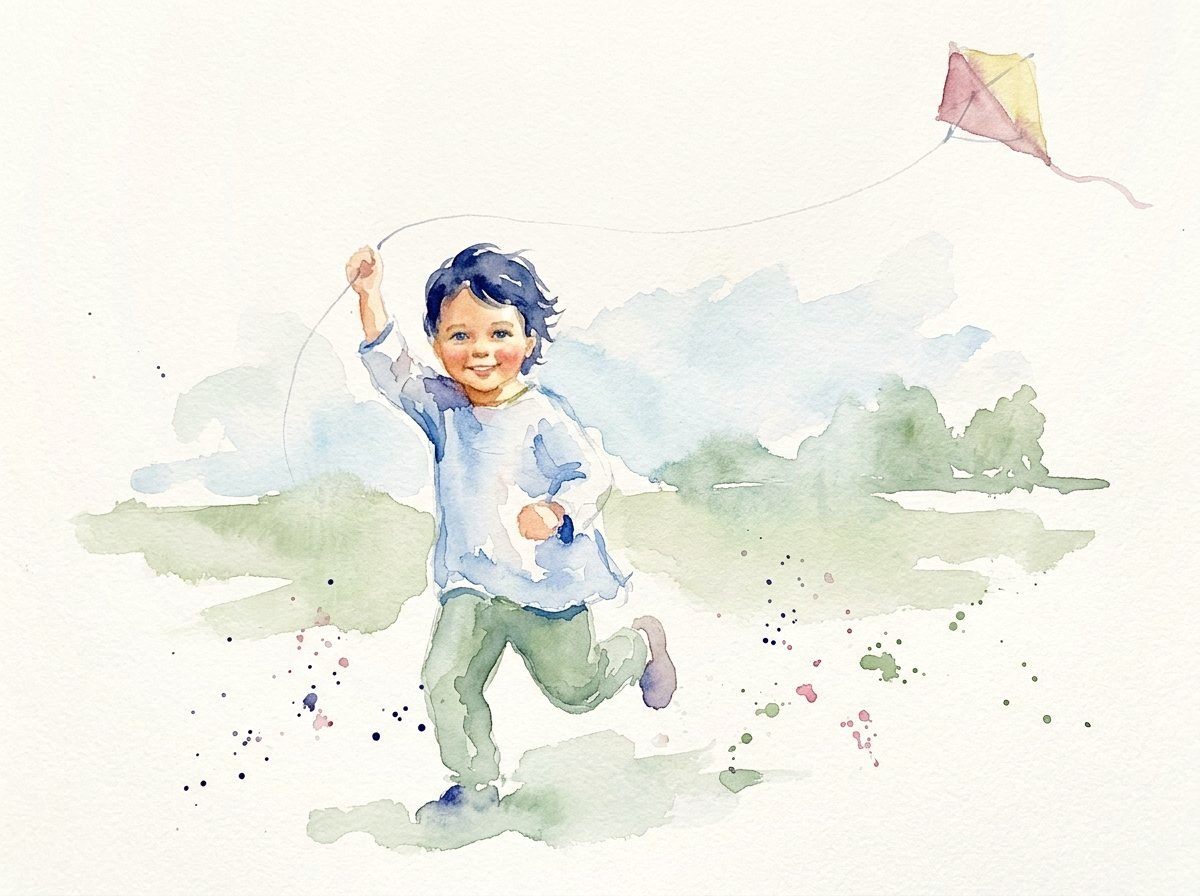 A child running with a kite high above them on a long line, painted in watercolour