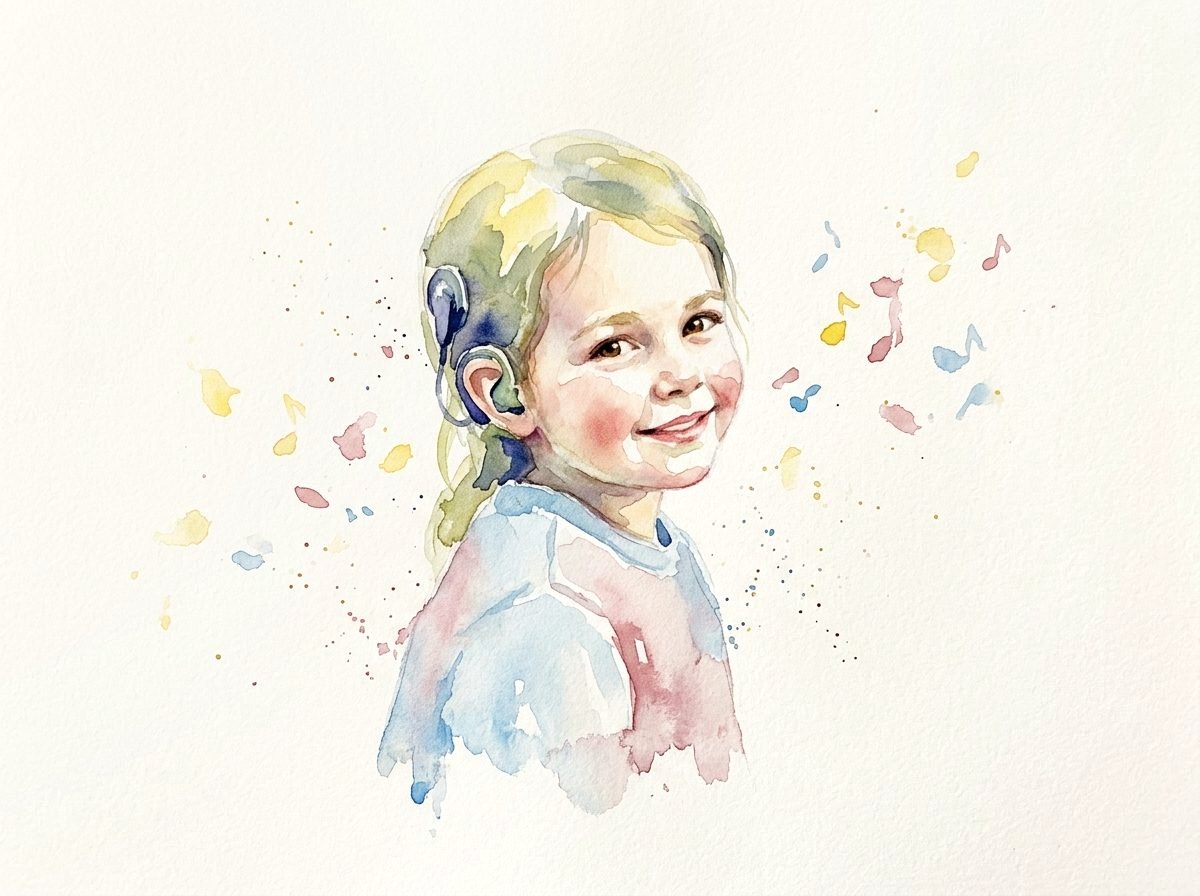 A child wearing a cochlear implant, delighted by a sound
