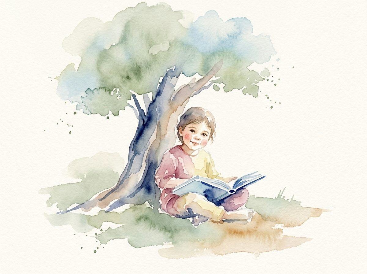 A child sitting cross-legged under a large tree with an open book on their lap, absorbed, painted in watercolour