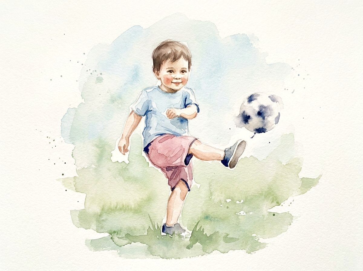 A child running across grass mid-kick with a football just leaving their foot, laughing, painted in watercolour