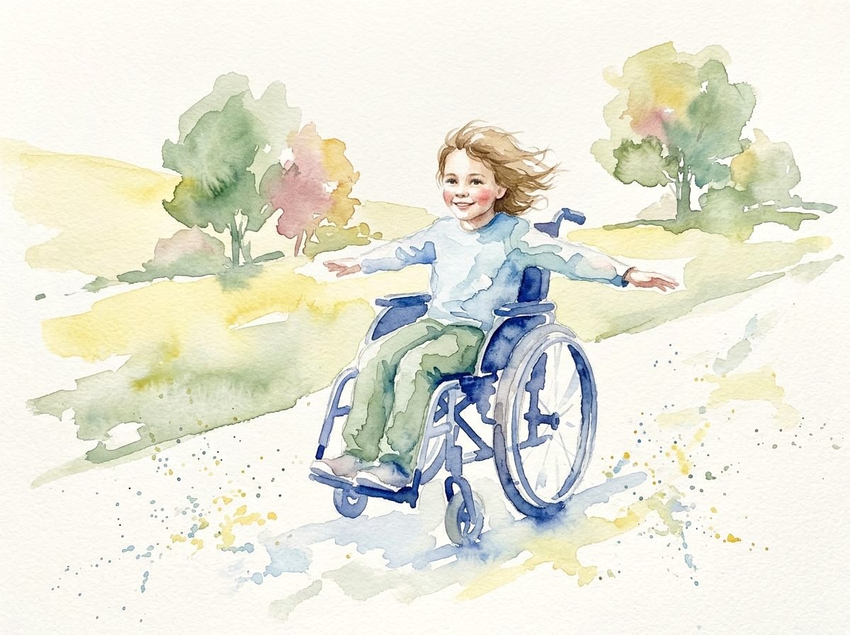 A child in a wheelchair moving through a park with their arms out, painted in watercolour