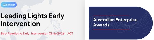 Australian Enterprise Awards 2026 winner: Leading Lights Early Intervention, Best Paediatric Early-Intervention Clinic 2026, Australian Capital Territory